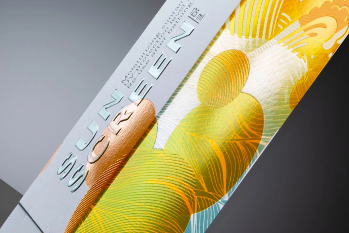 Transparente Reliefeffekte für Offset, Flexodruck, Heißprägen & mehr Gelbes halb-transparentes Faltschachtel-Oberflächendesign