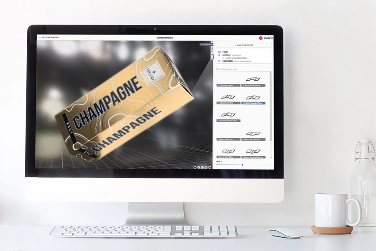 Prototyping für Druckveredelung mit unserem digitalen Mock-up-Studio Prototyp-App: Oberflächenveredelung einer Faltschachtel