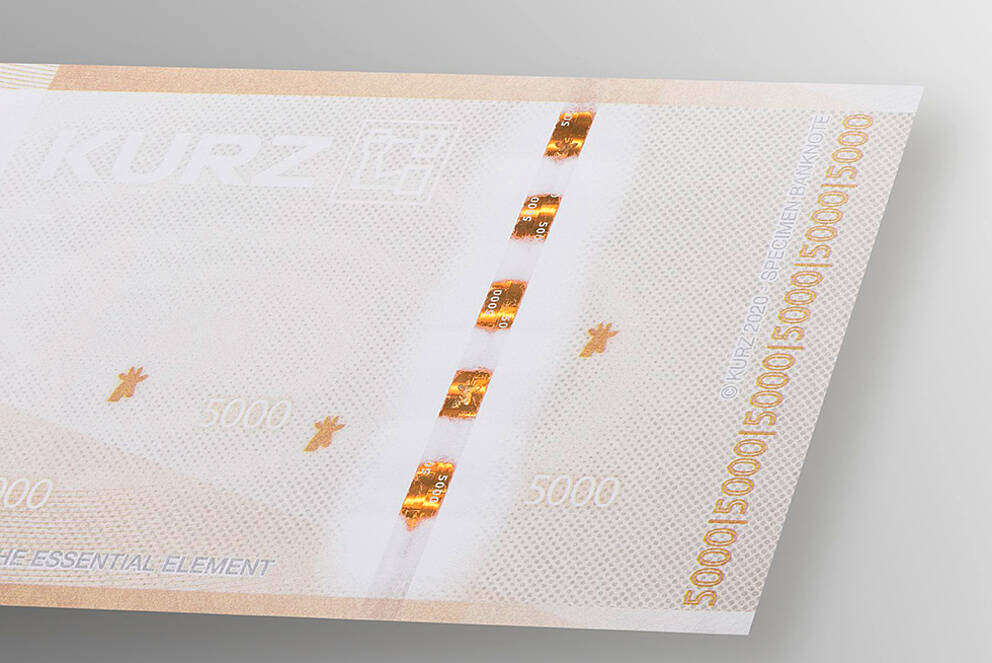 Banknote mit orangenem Sicherheitsstreifen für Hochsicherheit